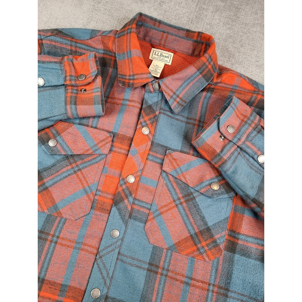 L.L. Bean Orange and Blue Plaid Snap-Front Flannel Shirt